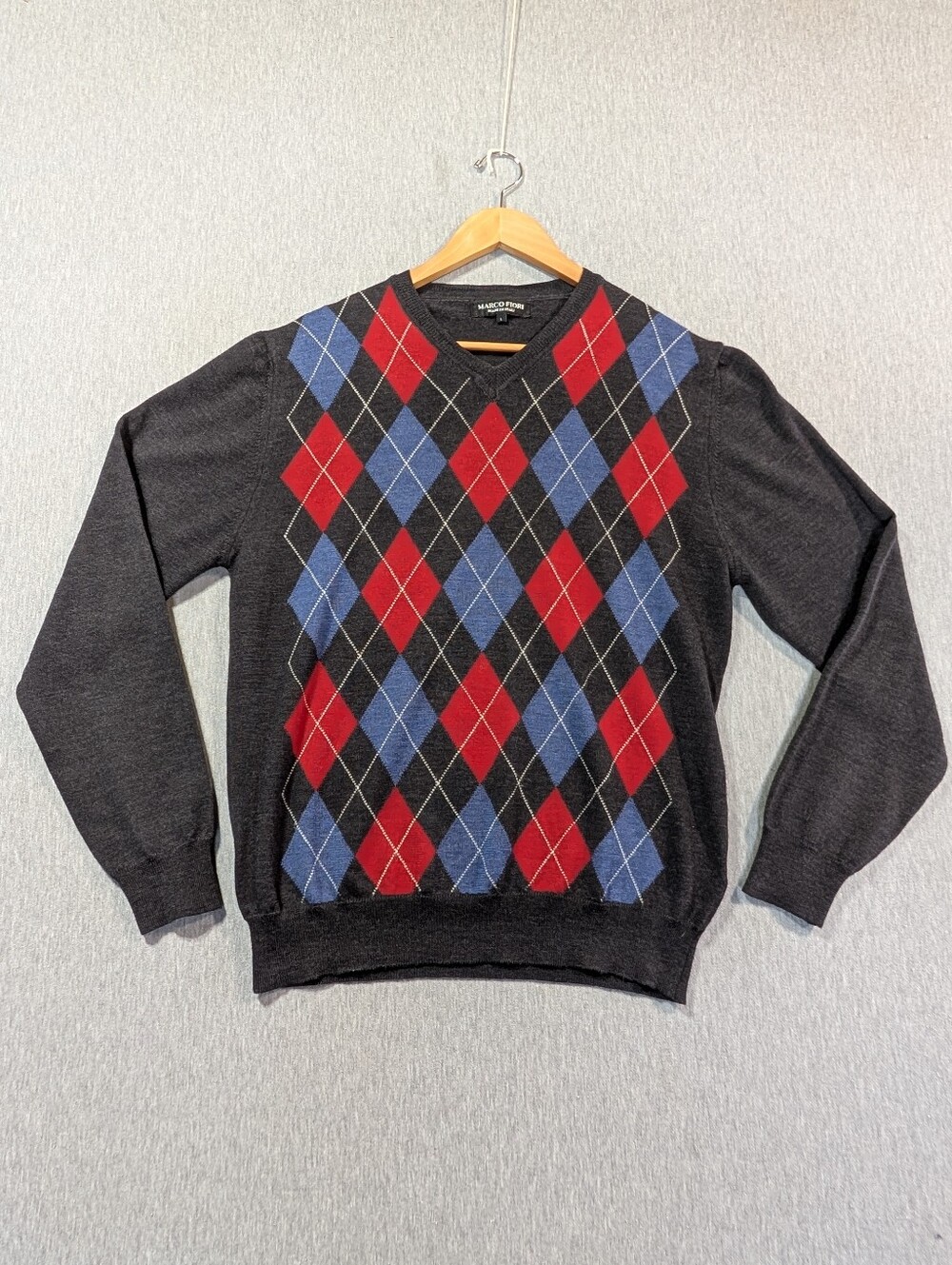 Marco Fiori Merino Wool Argyle Sweater Men's Large Black Red Blue Diamonds